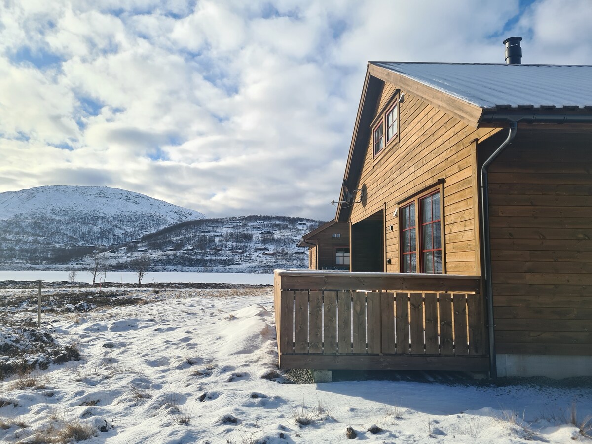 A wooden cabin is depicted against a backdrop of rolling hills and a snow-covered field. The cabin features large windows and a balcony that provides views of the serene landscape. Soft clouds scatter across the sky, enhancing the peacefulness of the rural setting.