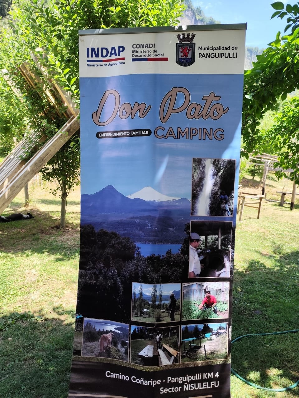 A banner for Don Pato Camping is displayed prominently amid greenery, providing information about the services. Images of the campsite, natural landscapes, and nearby attractions are visible at the bottom, along with logos of local organizations and the municipality.