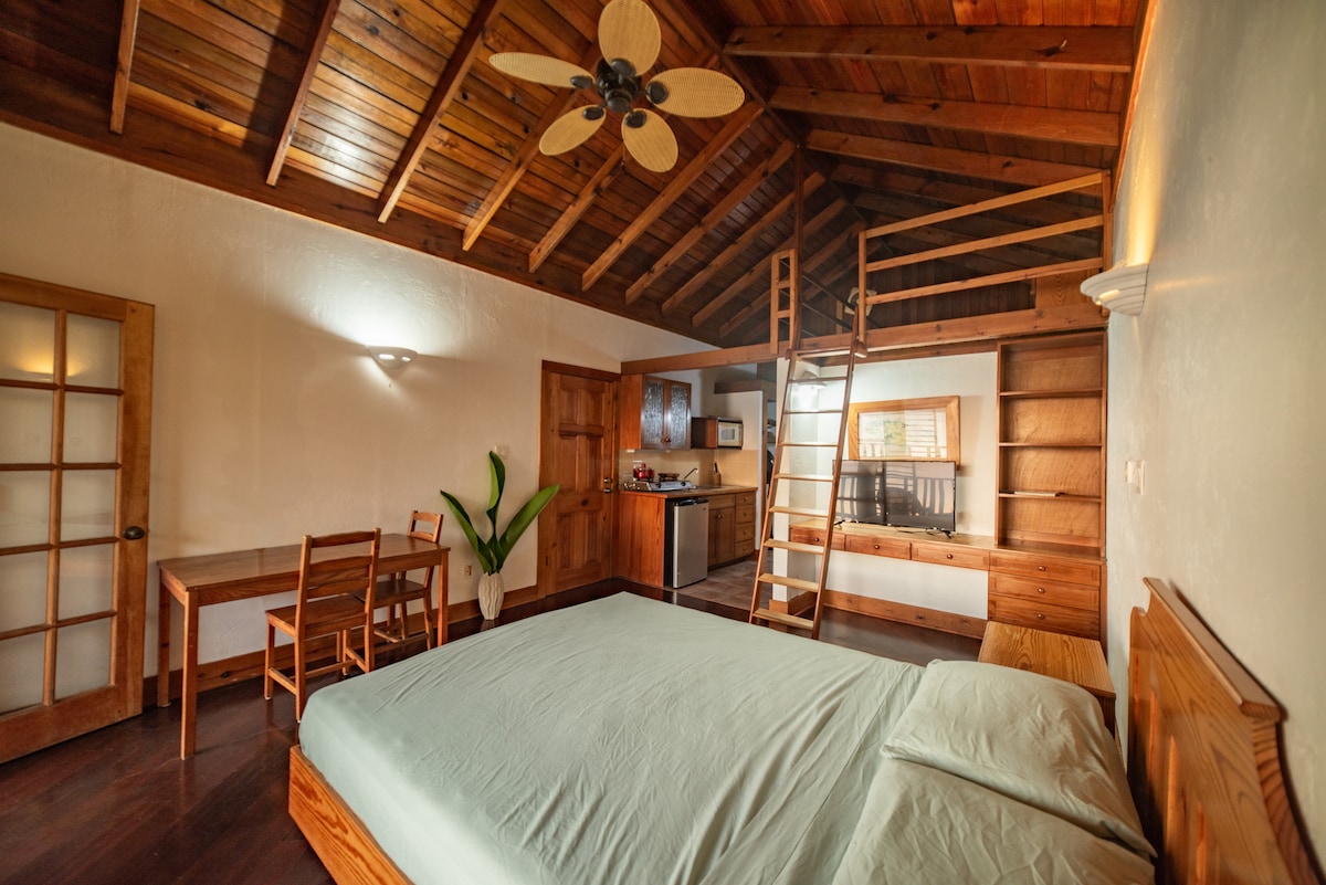A spacious studio apartment features a wooden ceiling with exposed beams. A queen bed is positioned at the center, complemented by a kitchenette and dining area. A ladder leads to a cozy loft space. Natural light filters through a window, illuminating the warm wood tones.