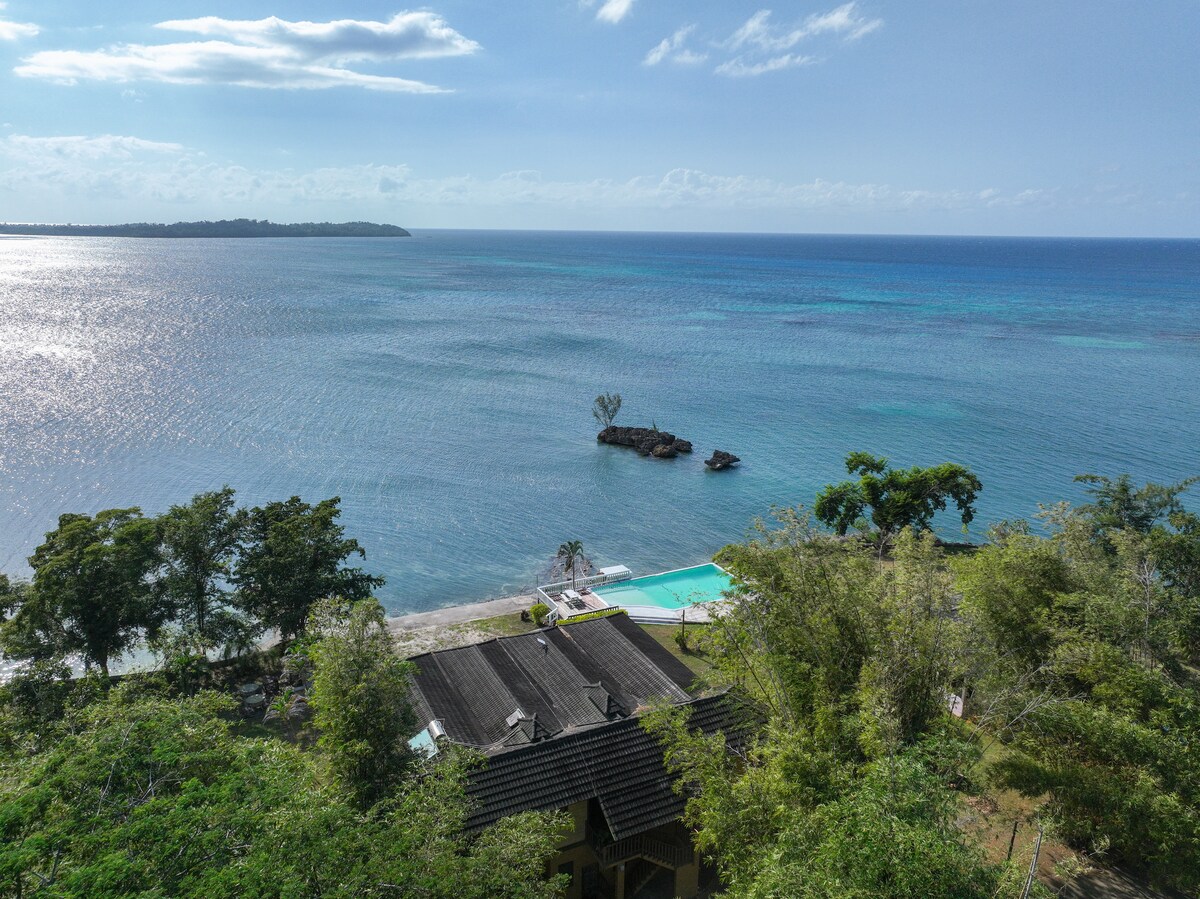 An aerial view captures the serene coastline with calm blue waters meeting the horizon. A private beach area and a clear swimming pool are visible, surrounded by lush green trees. Rocky formations are spotted in the water, enhancing the tranquil seaside atmosphere.