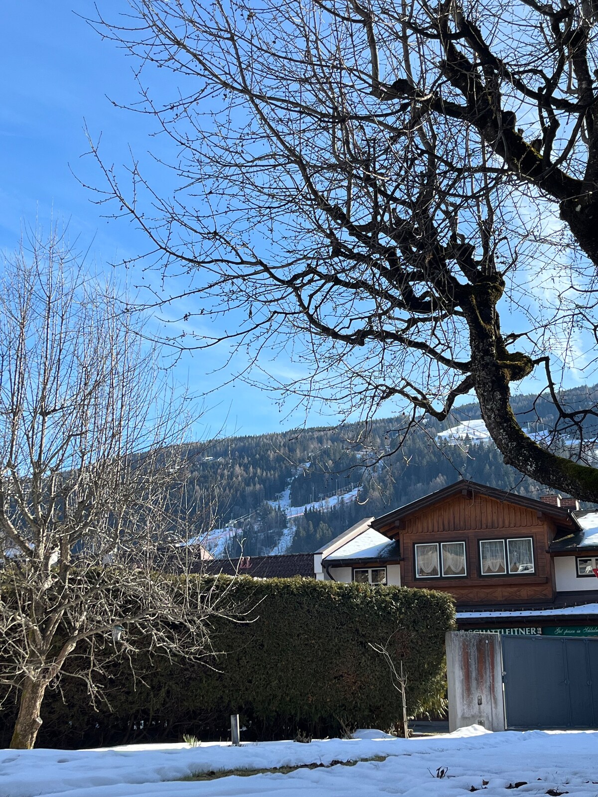 A clear blue sky is visible above a snow-covered landscape, where bare trees and shrubs frame a charming wooden building. The distant mountains are partially visible, creating a serene backdrop for the scene.