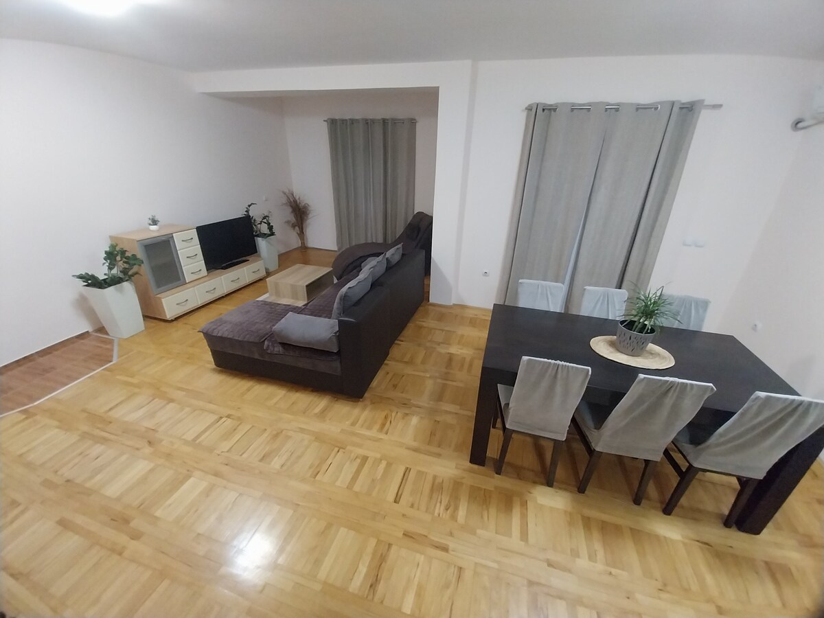 A spacious living area features a comfortable sofa facing a TV stand, with decorative plants enhancing the atmosphere. A dining table with chairs is positioned adjacent to the sofa, while large windows dressed in light curtains allow natural light to fill the room.