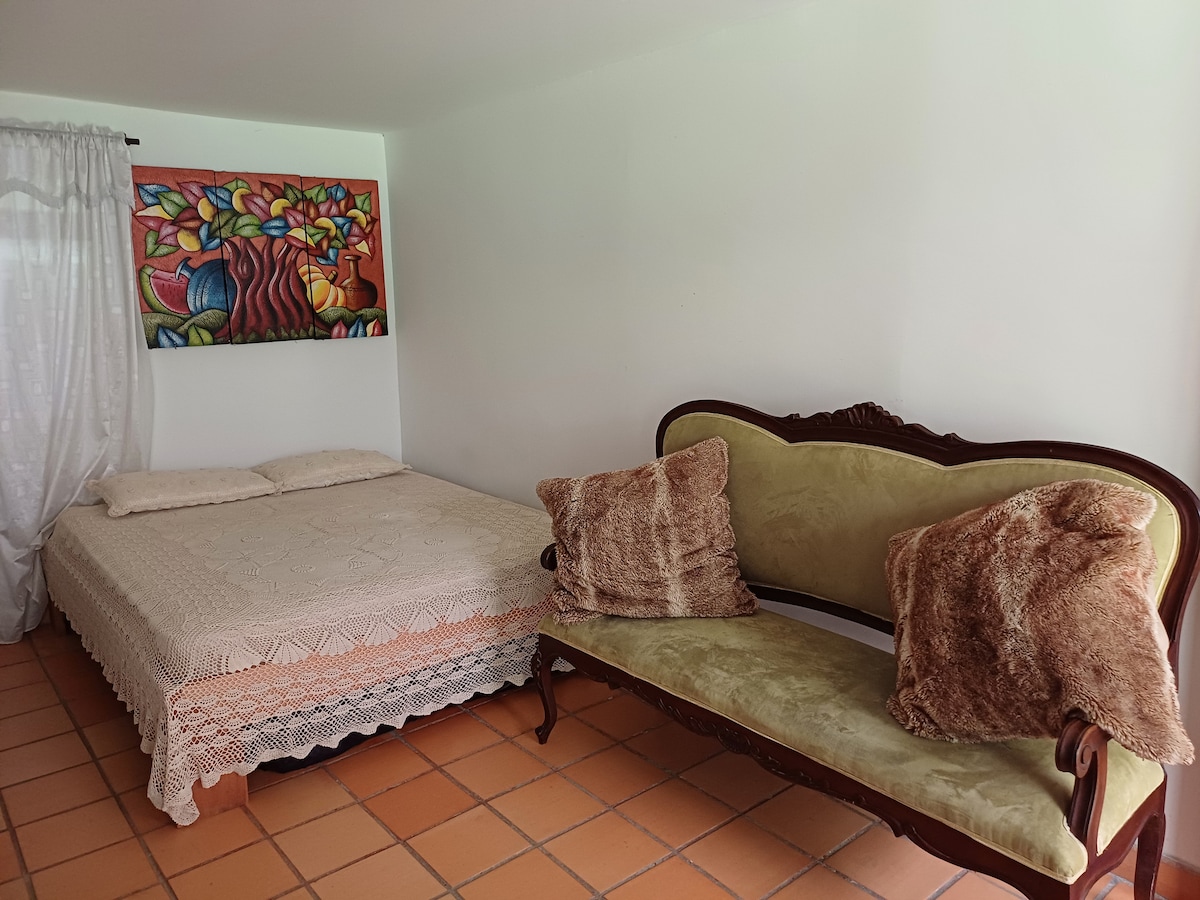 A cozy sleeping area features a spacious bed covered with a light-colored comforter. Adjacent, a vintage-style sofa with plush cushions provides additional seating. A colorful piece of wall art adds a vibrant touch above the bed, while soft natural light filters through sheer curtains.