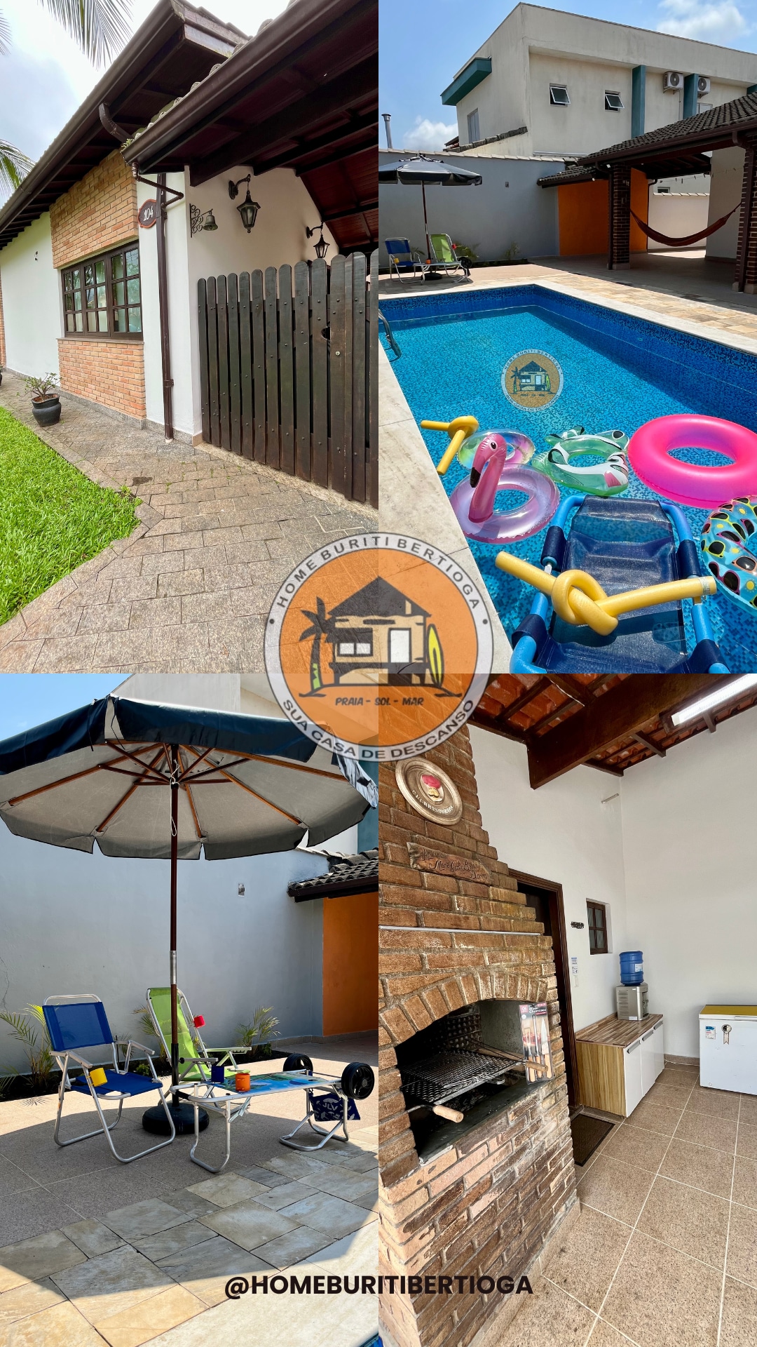 A collage displays multiple angles of the property. The outdoor area features a private swimming pool with colorful floatation devices. Seating is arranged under an umbrella on the patio, while a brick barbecue grill is positioned nearby. Lush green grass surrounds the pathway leading to the entrance.