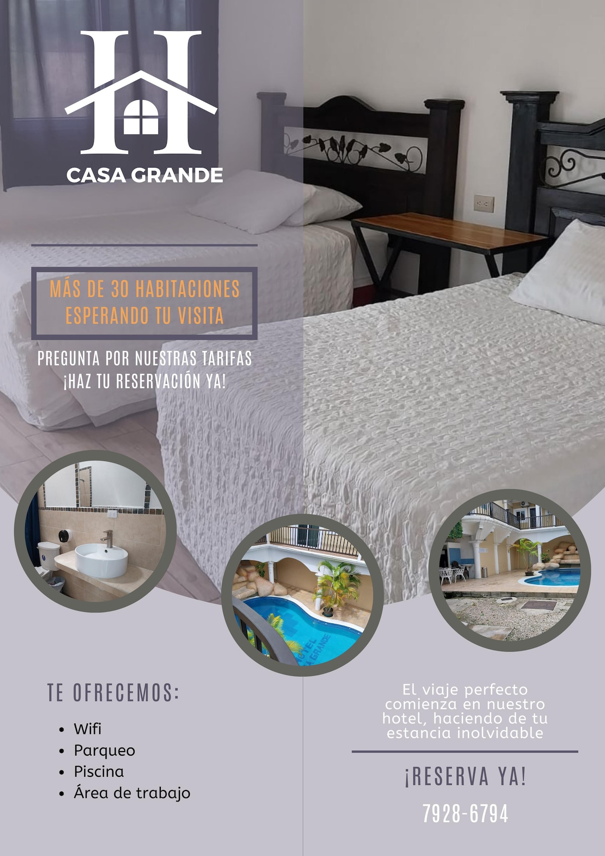 A comfortable triple room is showcased with spacious beds covered in soft white linens. Natural light filters through a nearby window, adding warmth to the neutral-colored walls. The image includes hints of hotel amenities like a cozy seating area and a glimpse of the pool area in the background.