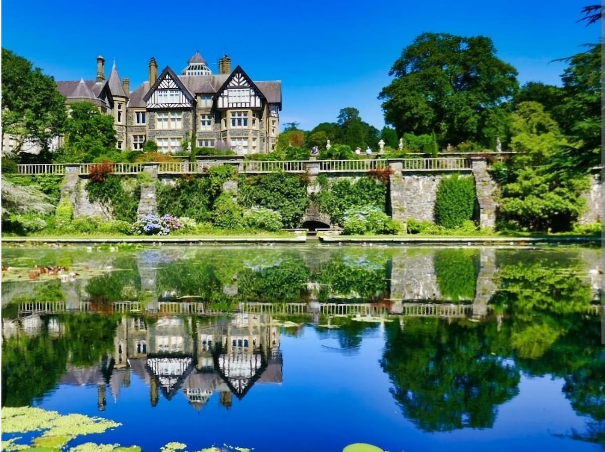 A grand house is reflected in a tranquil pond, surrounded by lush greenery. The property features intricate architectural details and is set against a clear blue sky, creating a serene atmosphere. The garden includes a variety of trees and plants, enhancing the picturesque landscape.
