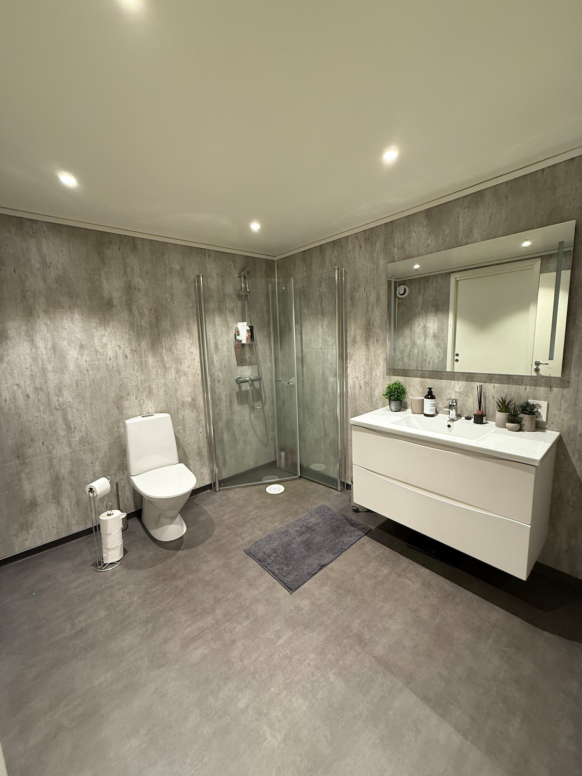 A modern bathroom features a walk-in shower enclosed with glass panels, complemented by a sleek vanity with a spacious countertop. A white toilet is positioned beside the shower. Soft lighting enhances the minimalist design, and a small decorative plant adds a touch of nature.