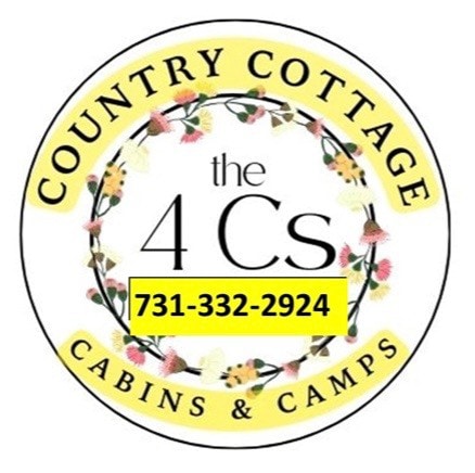 A circular logo displays the text 'Country Cottage' and 'the 4 Cs' adorned with floral decorations. The contact number '731-332-2924' is prominently featured in the center, providing essential information for potential guests.