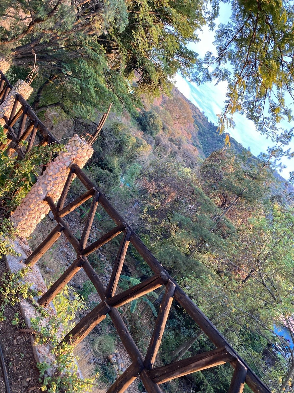 A rustic wooden railing, crafted from dark timber, spans across the foreground. Lush greenery and trees are visible in the background, highlighting the natural landscape. The scene is bathed in soft, natural light, reflecting a serene and tranquil outdoor environment.