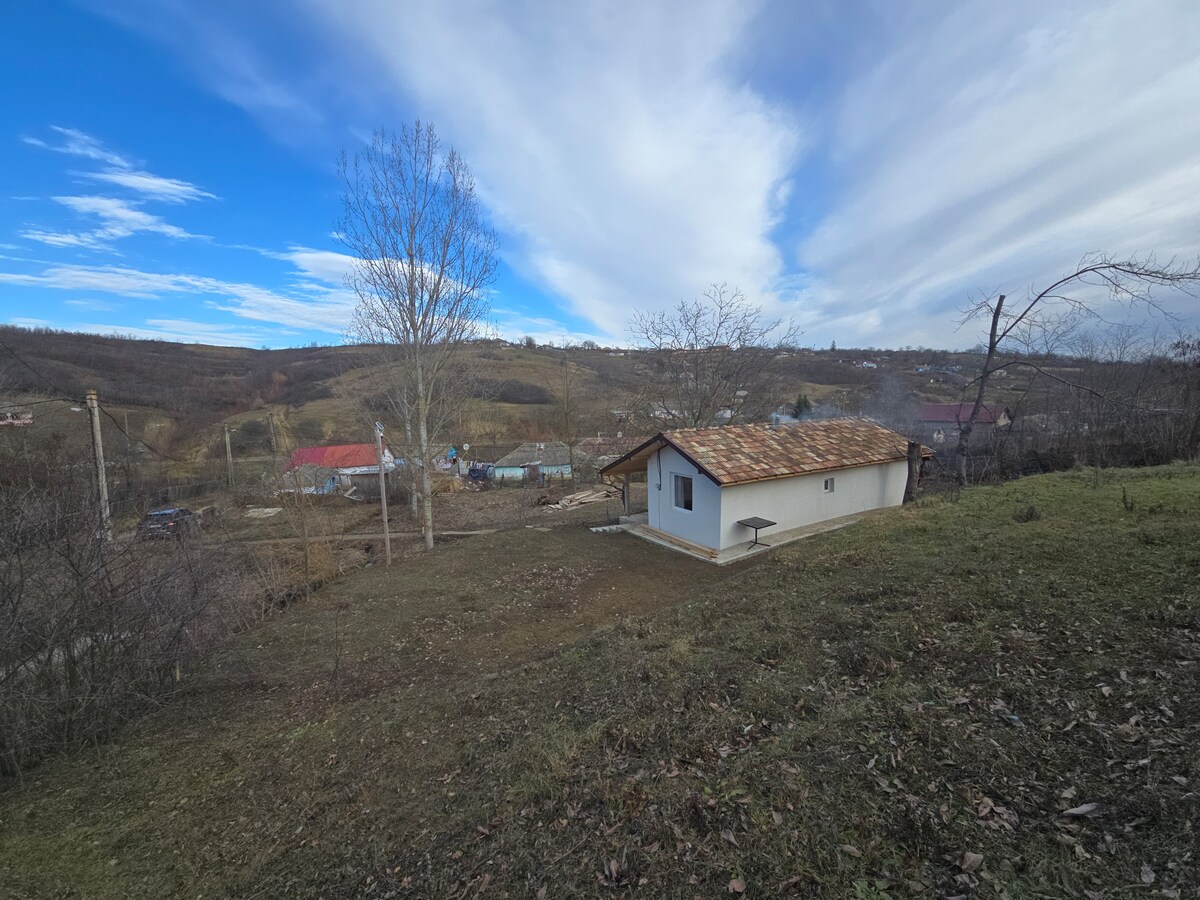 A single-story cottage is set against a backdrop of rolling hills. The structure features a wooden roof and simple exterior, with sparse trees and greenery in the foreground. A clear blue sky and wispy clouds create a peaceful atmosphere in the countryside.