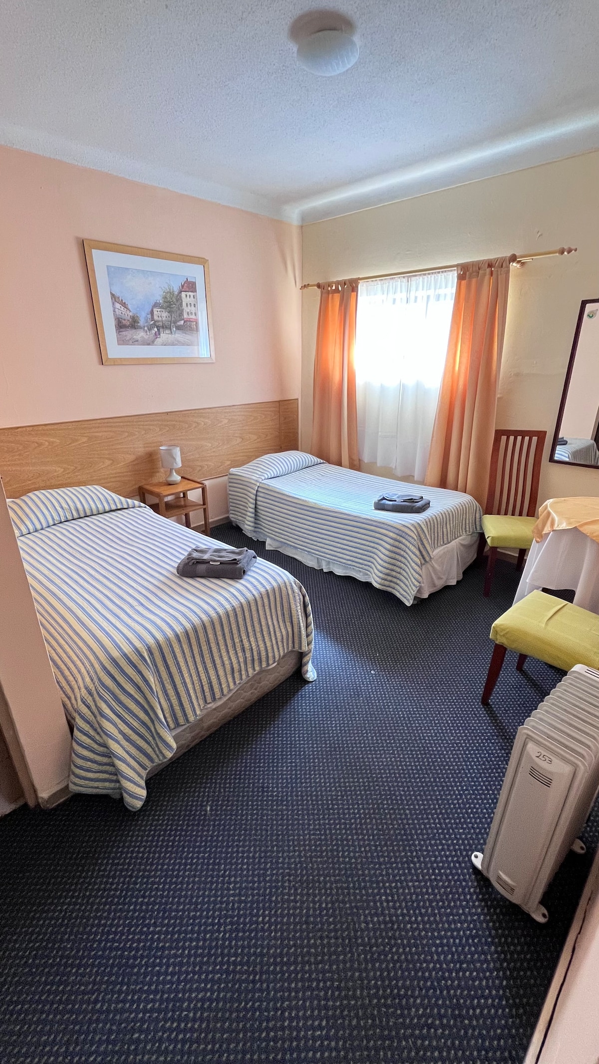 The room features two single beds with light blue and white striped bedding. A bedside table with a lamp is positioned next to one bed. Natural light filters through a window covered by sheer curtains, and a painting hangs on the wall, adding a decorative touch.