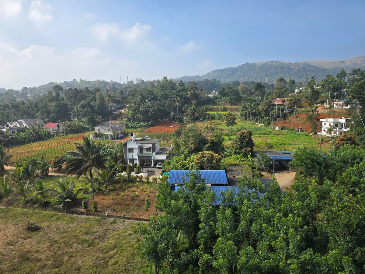 A scenic landscape is displayed, featuring lush greenery and rolling hills. Various trees and plants contribute to the vibrant natural setting, while a few residential buildings are visible among agricultural fields. The clear sky enhances the serene ambiance of the area.