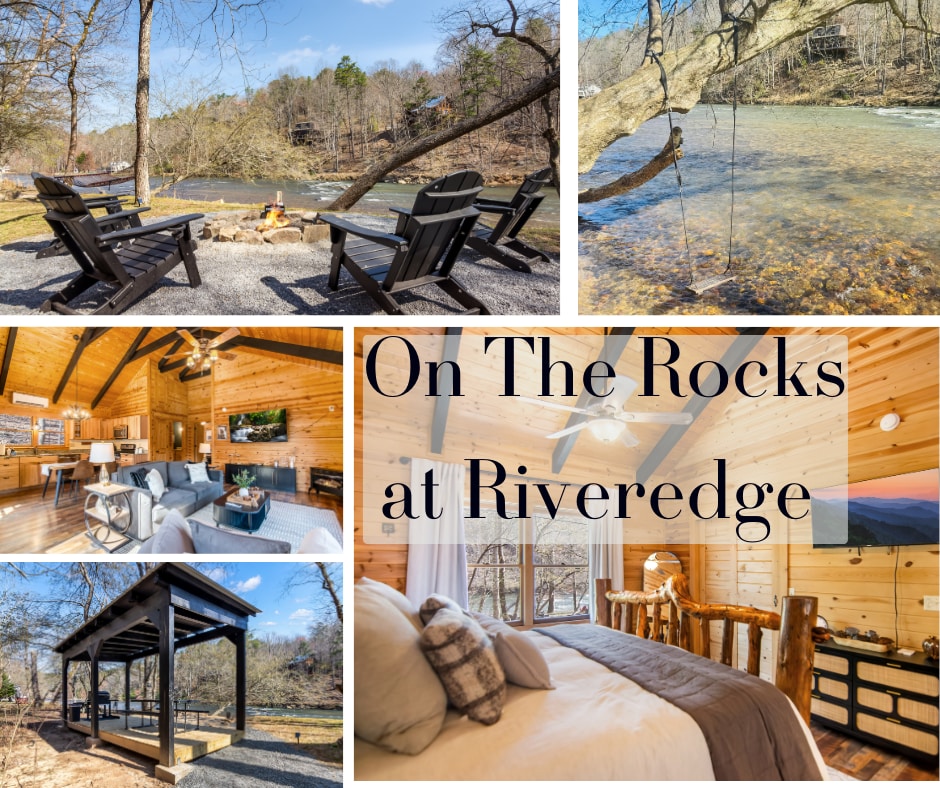 An outdoor seating area features black Adirondack chairs arranged around a fire pit, with a view of the flowing river and surrounding trees. The cozy cabin interior includes a spacious living area with wooden accents, a dining space, and a comfortable bedroom with rustic furnishings.