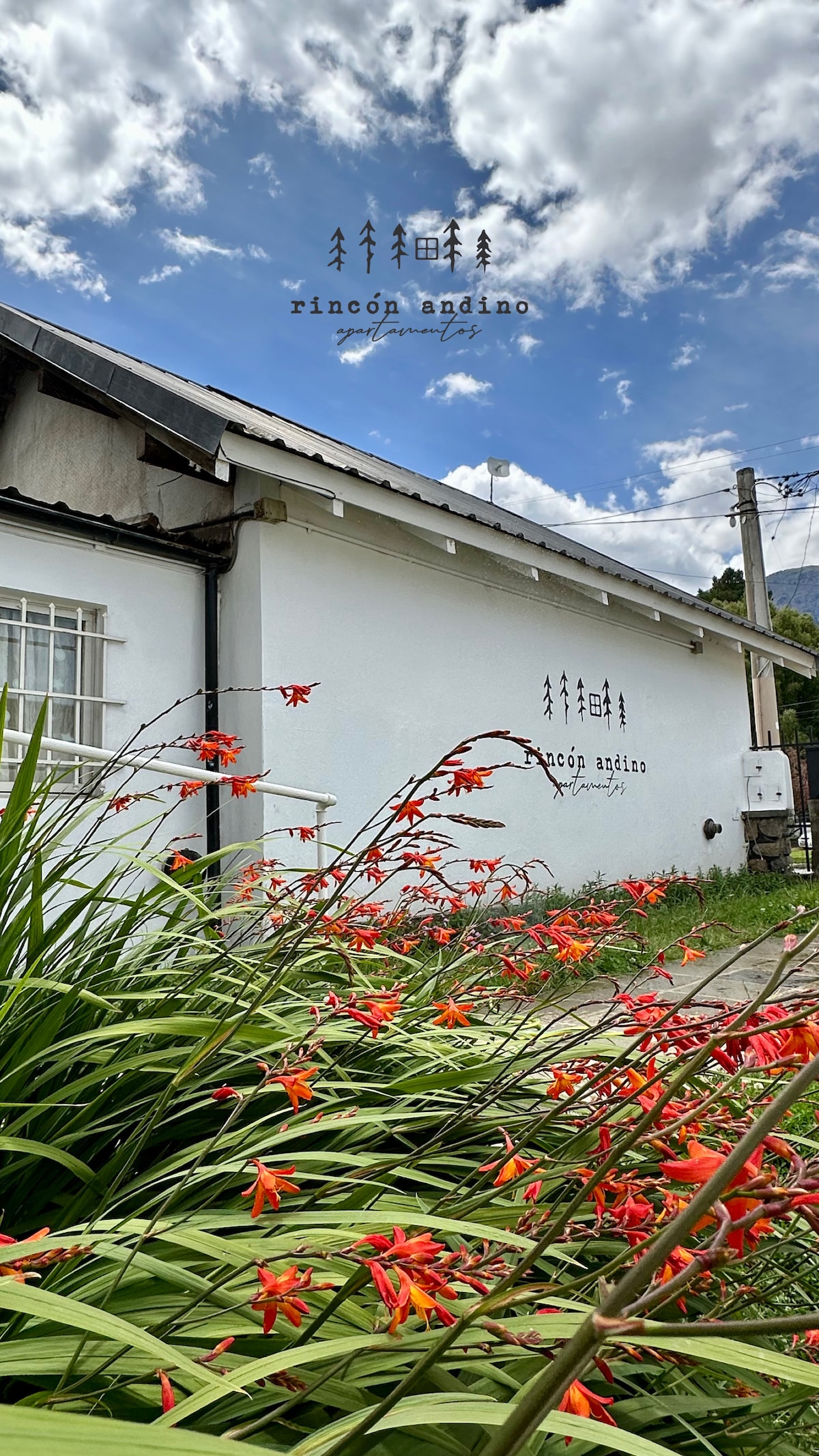 A charming white building is framed by lush greenery and vibrant orange flowers. The clear blue sky is accentuated by soft, white clouds, creating a serene setting. The building features prominent signage and large windows that enhance the inviting atmosphere.