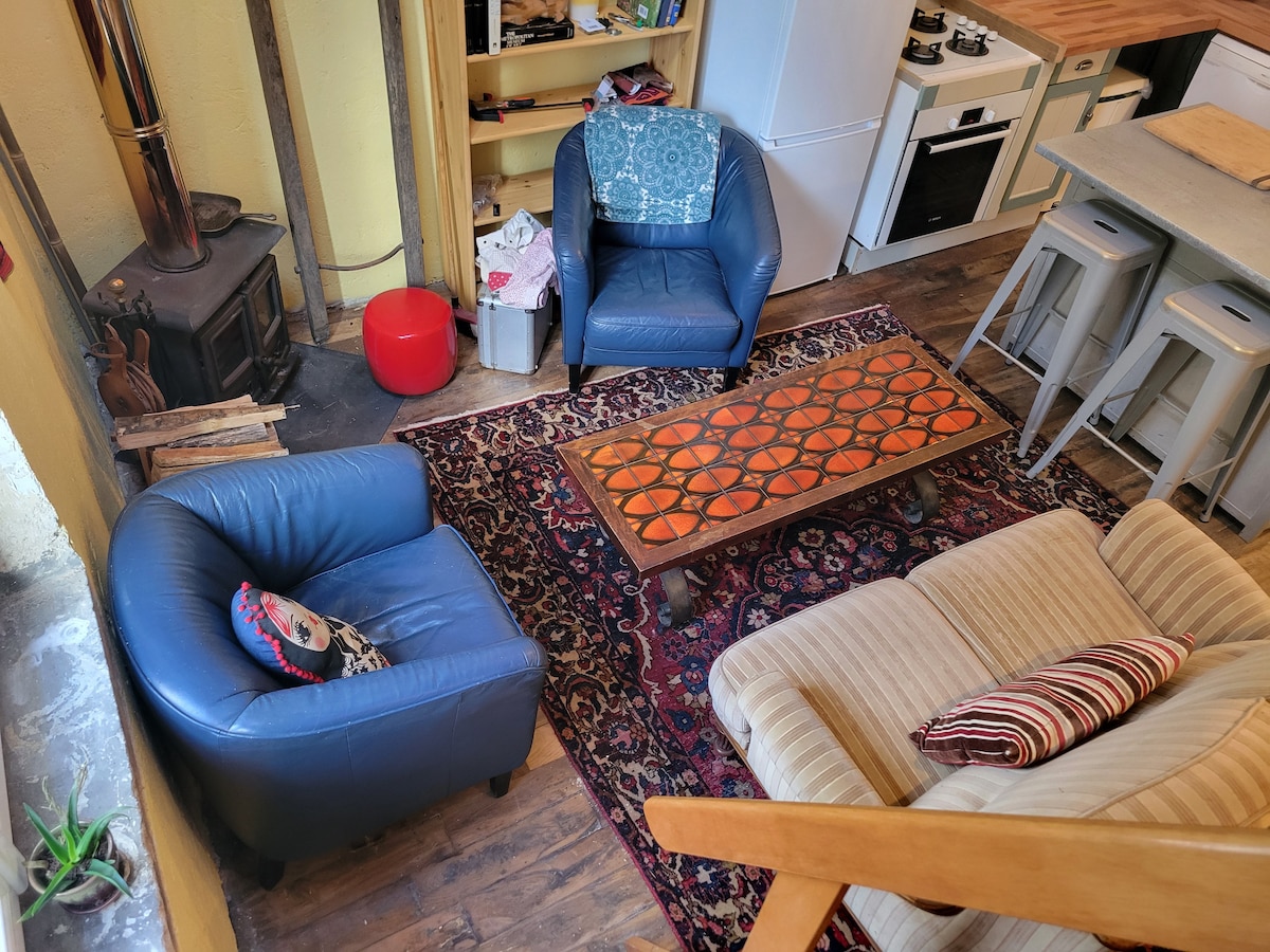 A cozy living area features two blue armchairs and a striped sofa, arranged around a decorative coffee table. A colorful area rug adds warmth to the wooden floor. A wood burner is visible in the background, enhancing the inviting ambiance of the space.