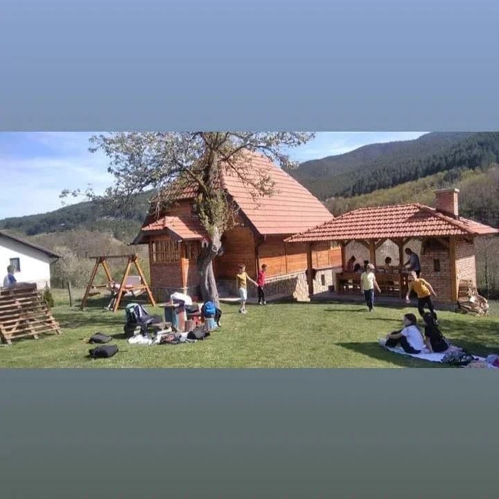 The exterior of a wooden house features a distinctive red-tiled roof, surrounded by a green lawn. Nearby, a shaded area with stone arches and a barbecue setup is visible. Children are playing on a swing set, with mountains in the background enhancing the serene setting.