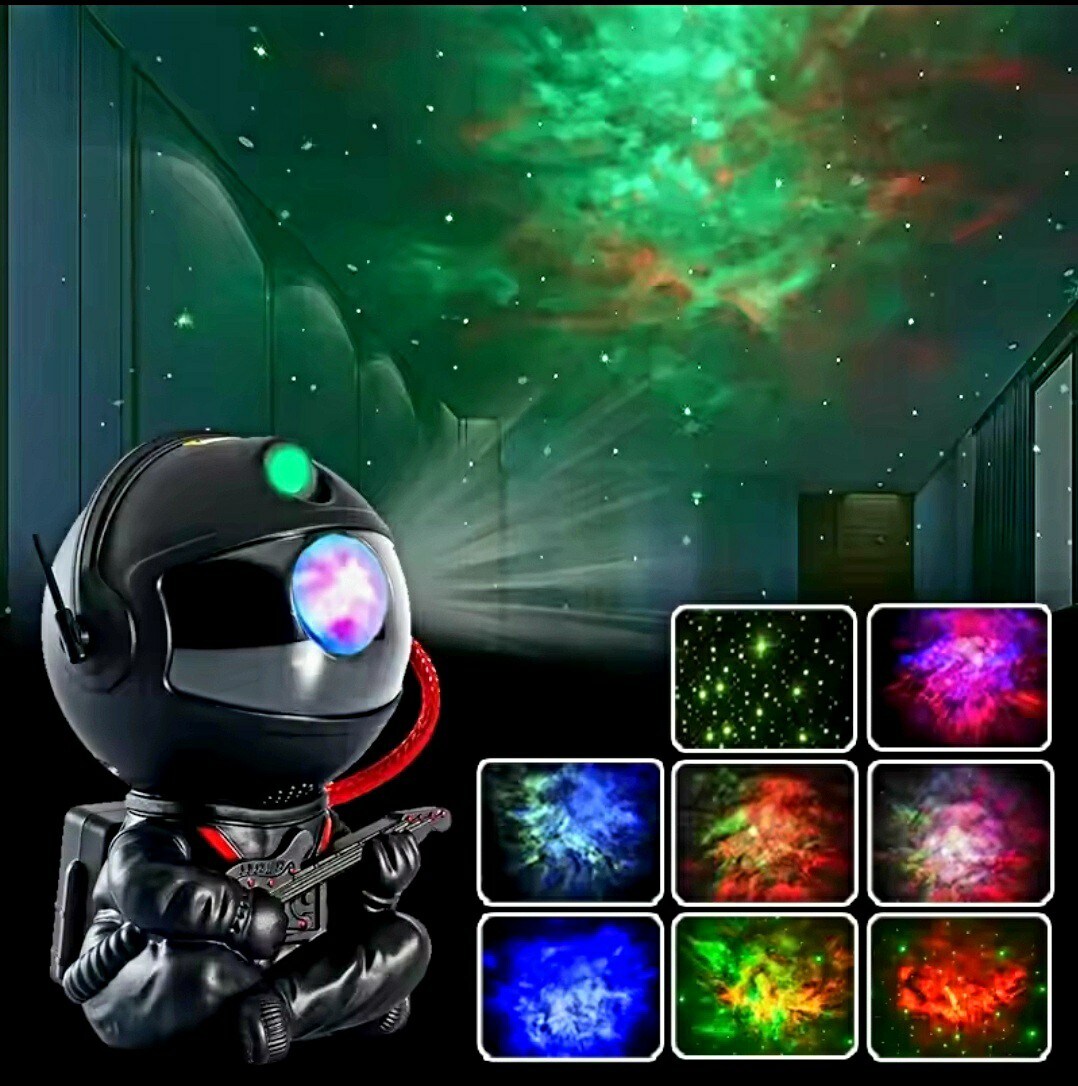An imaginative depiction features a small astronaut figure sitting with a cosmic background of vibrant red, green, and blue colors. Various starry patterns are visible in smaller frames, enhancing the playful theme of space exploration.
