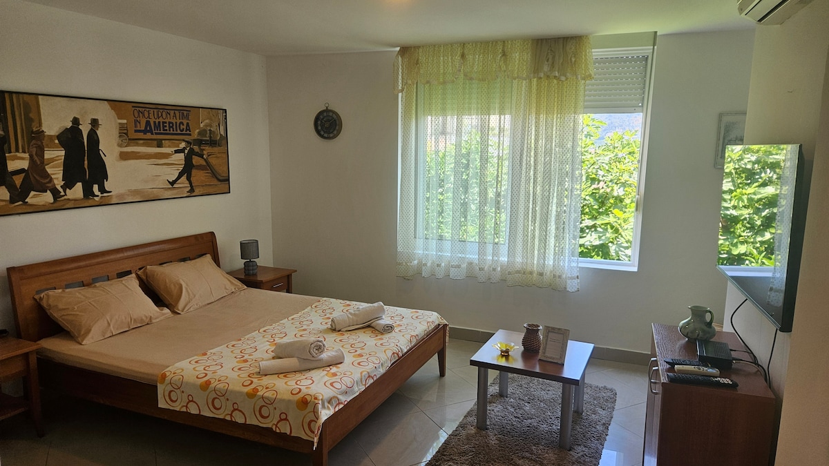 A comfortable sleeping area features a double bed with light bedding and decorative accents. Large windows provide natural light, framed by sheer curtains. A television is positioned opposite the bed, and a small rug lies on the tiled floor, adding warmth to the room.