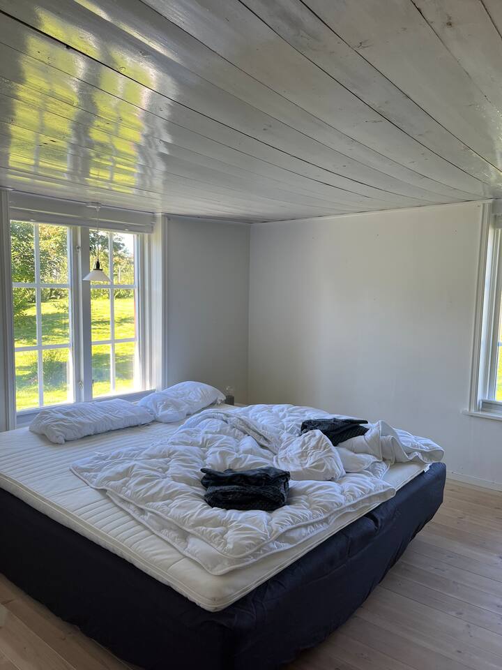 180 cm seng i soveværelset med mørklægningsgardiner og walk-in-closet.