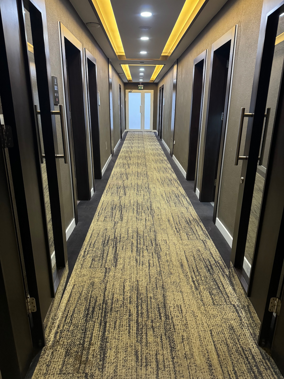 A long corridor is lined with wooden doors, leading to various rooms. A textured carpet in neutral colors runs along the center, while warm lighting accentuates the sleek design. The ceiling features recessed lights, creating a bright and inviting atmosphere.
