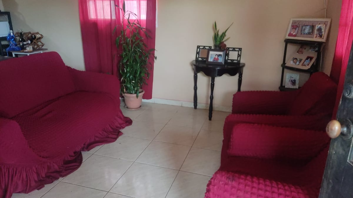 A cozy living area features a red fabric sofa and two matching armchairs, arranged around a small dark wooden table. Natural light filters in through sheer red curtains, illuminating a potted plant in the corner and framed photographs displayed on a nearby shelf.