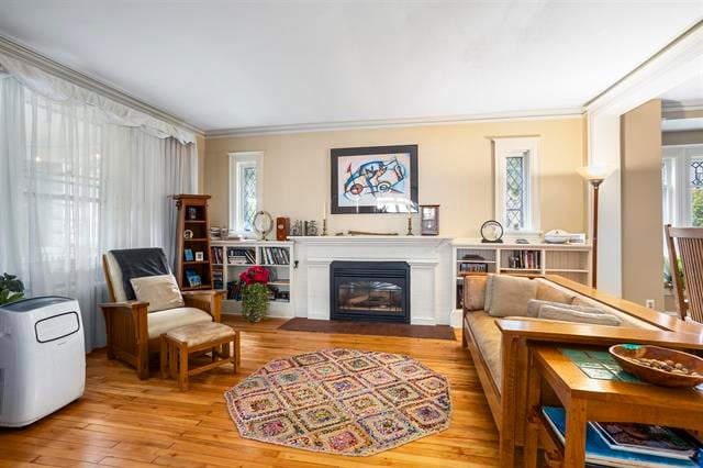 A comfortable living area is shown, featuring a warm wooden floor and a cozy area rug. A fireplace serves as a focal point, surrounded by bookshelves. Natural light filters through sheer curtains, highlighting a mix of seating arrangements, including a stylish armchair and a plush sofa.