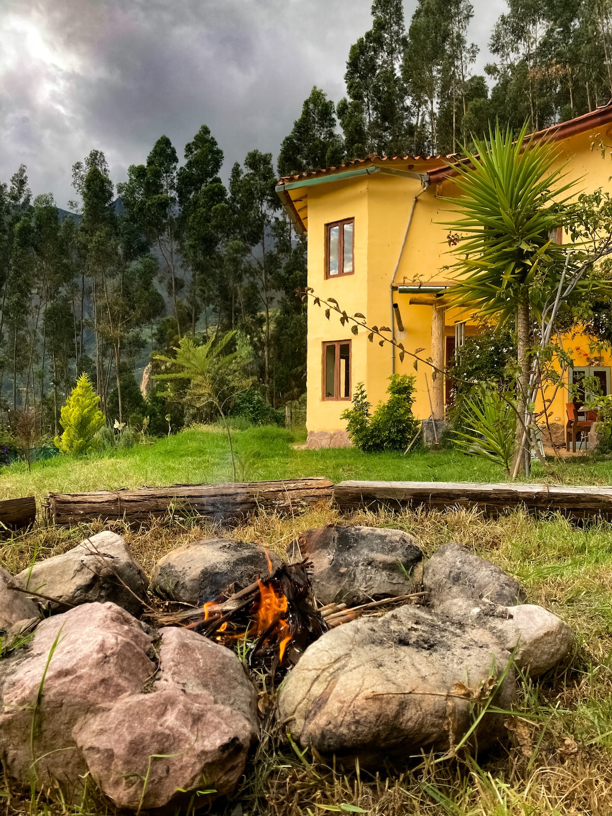 A fire pit crafted from natural stones is centered in a grassy area, with flames gently rising. The colorful exterior of a two-story home stands in the background, surrounded by lush trees and plants, creating a serene natural setting.