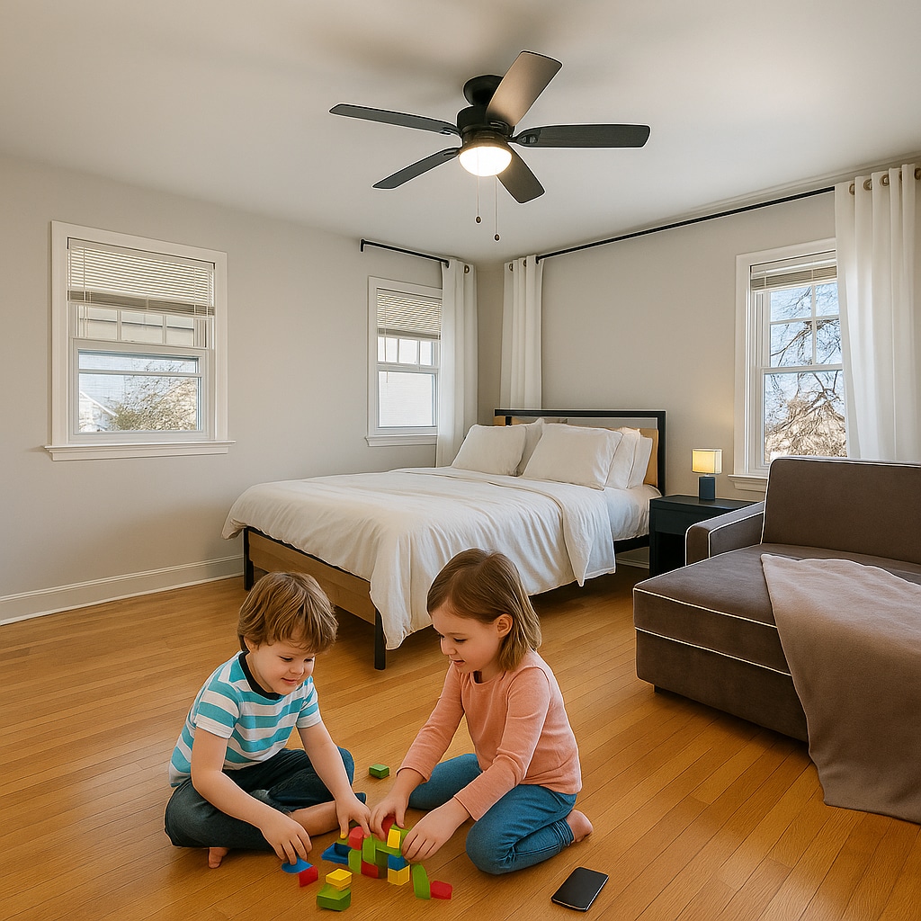 A well-lit bedroom features a spacious bed with soft bedding and multiple windows allowing natural light. A cozy couch is positioned nearby, and two children are engaged in play with colorful building blocks on the hardwood floor.