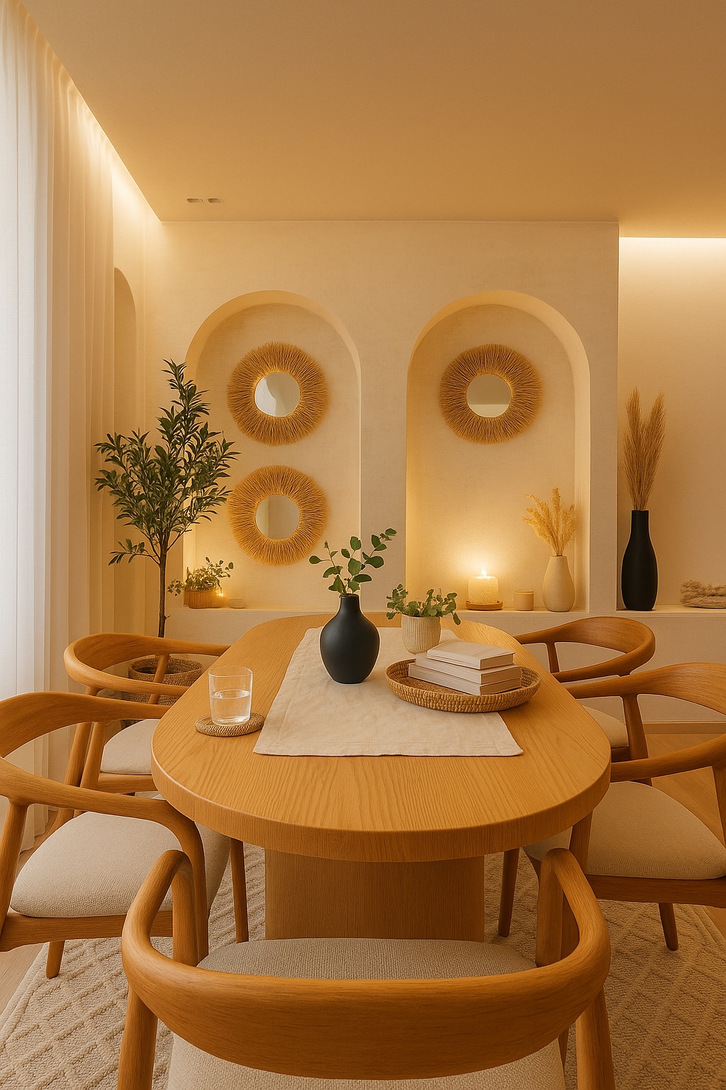 A dining area features a wooden table surrounded by four chairs. Decorative wall niches exhibit round woven accents. Soft lighting enhances a minimalist ambiance, complemented by a small potted plant and a vase on the table, contributing to a serene and welcoming setting.
