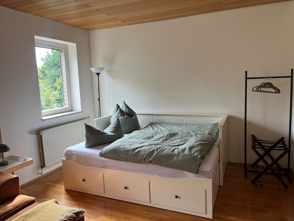 Fleksibilna prostorija s vratima koja može poslužiti kao spavaća soba ili dnevni boravak, a opremljena je bračnim krevetom, udobnim kaučem i televizorom. 