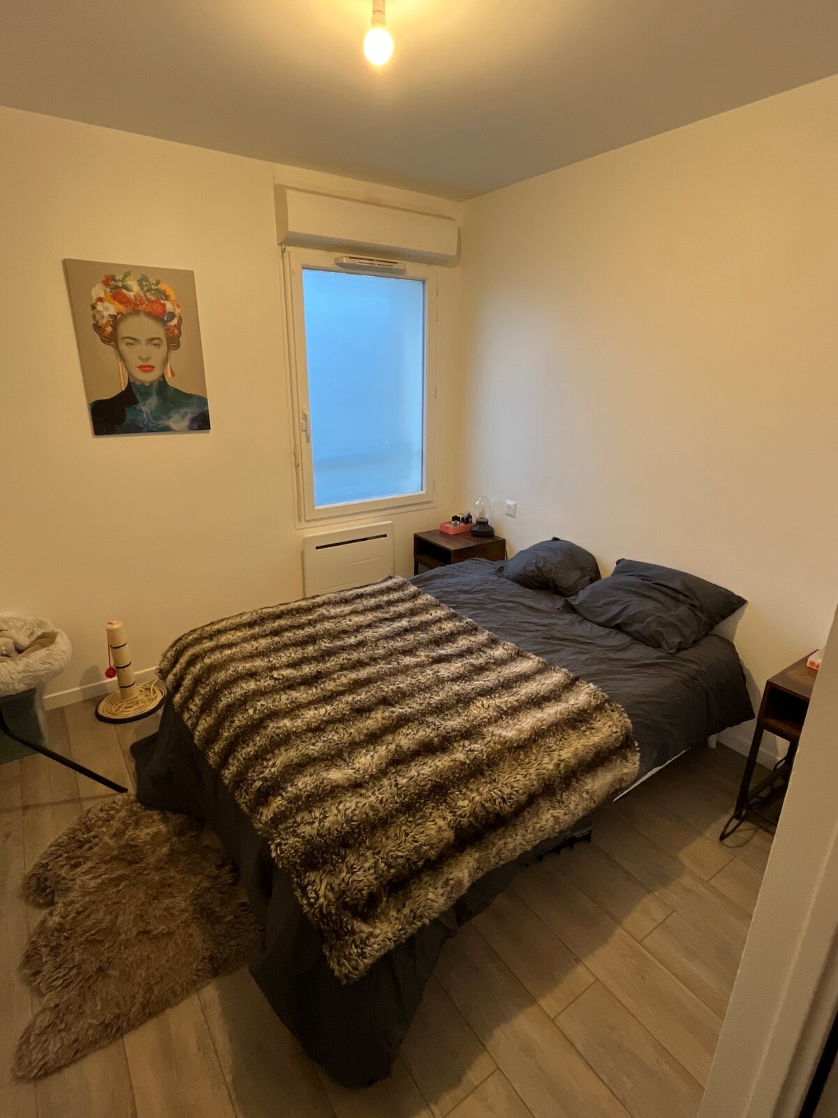 A cozy bedroom features a spacious bed draped with a soft striped blanket. A fur rug lies on the floor, and a small side table is positioned beside the bed. Natural light enters through a window, enhancing the room's ambiance.