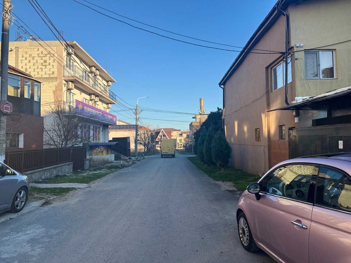 A quiet street scene is depicted, showcasing a mix of residential buildings on either side. A beige van is positioned down the road, while two parked cars, one in pink, are visible. Clear blue skies provide a bright backdrop to the neighborhood.