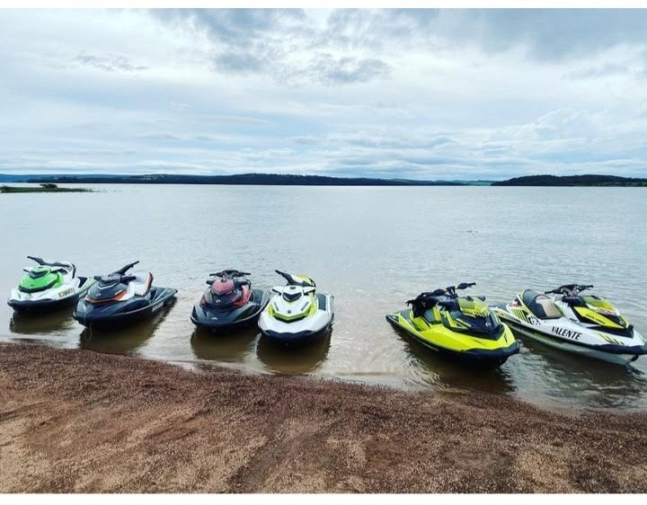 Six colorful jet skis are docked at the water's edge, showcasing a variety of shades including green, black, white, and orange. The calm lake is visible in the background, with soft ripples reflecting a cloudy sky.