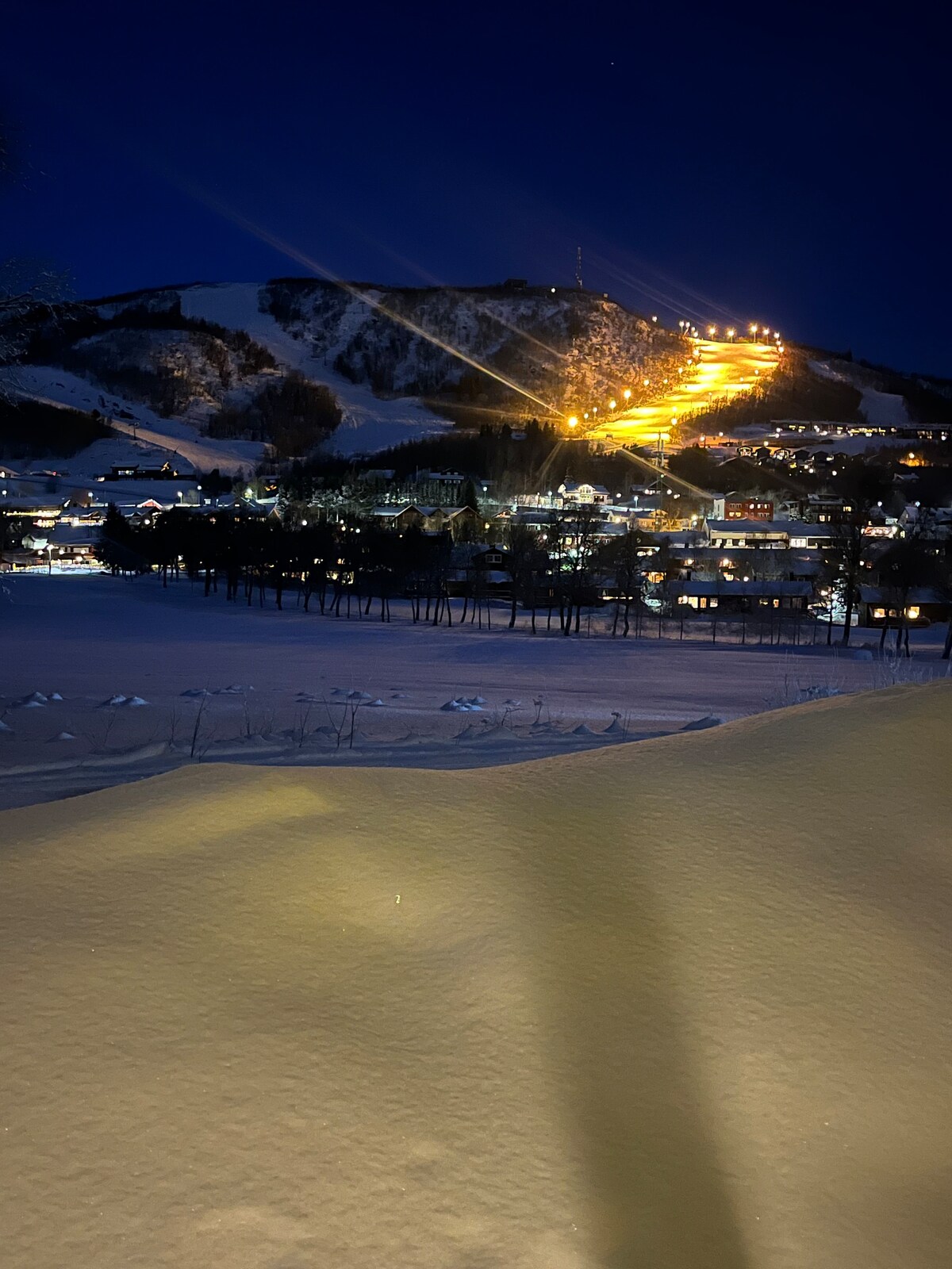 A scenic night view captures softly illuminated buildings nestled against a snowy landscape. Bright lights outline the ski slopes, casting a warm glow against the dark sky, while the expansive blanket of snow enhances the tranquil atmosphere.