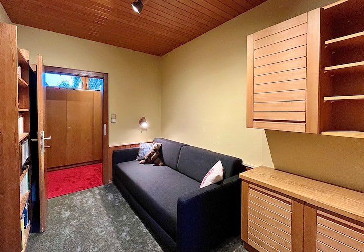 En esta habitación hay un sofá cama moderno, en el que puedes dormir al menos tan bien como en una cama completa.