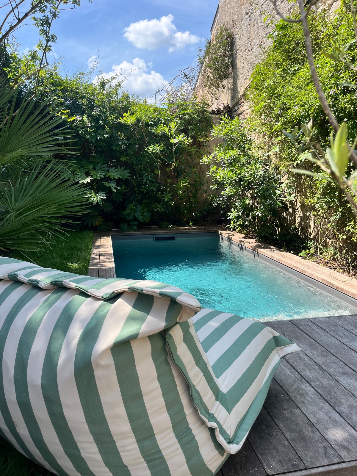 A secluded garden area features a small, rectangular pool surrounded by lush greenery. A striped lounge chair rests on the wooden deck, inviting relaxation. The clear water reflects the sky, creating a calm and refreshing atmosphere.