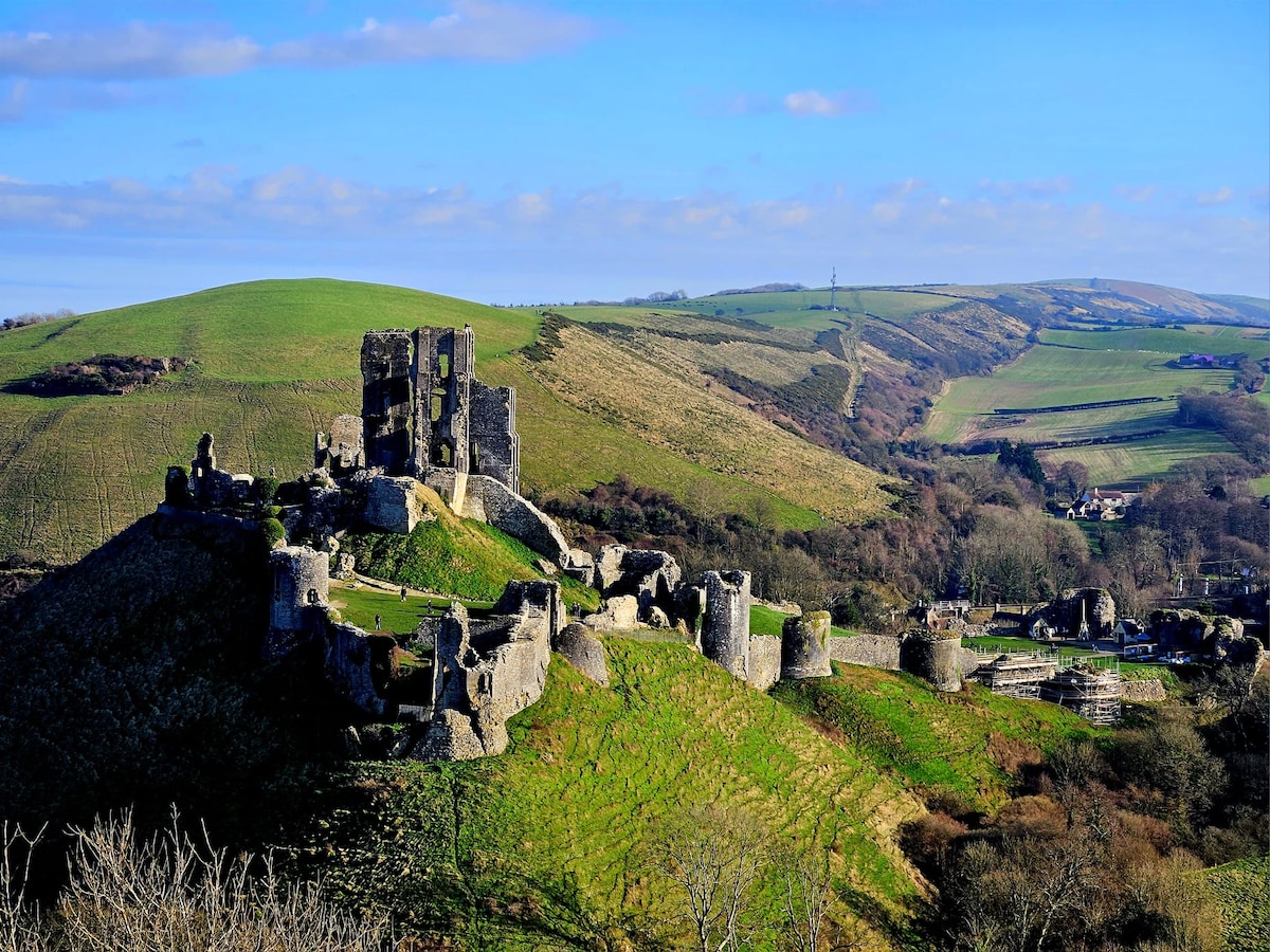 A historical castle ruin is positioned on a grassy hill, surrounded by rolling green landscapes. The structures exhibit remnants of ancient stone walls and towers, while the open sky features a few scattered clouds. A peaceful countryside scene is captured in the background.