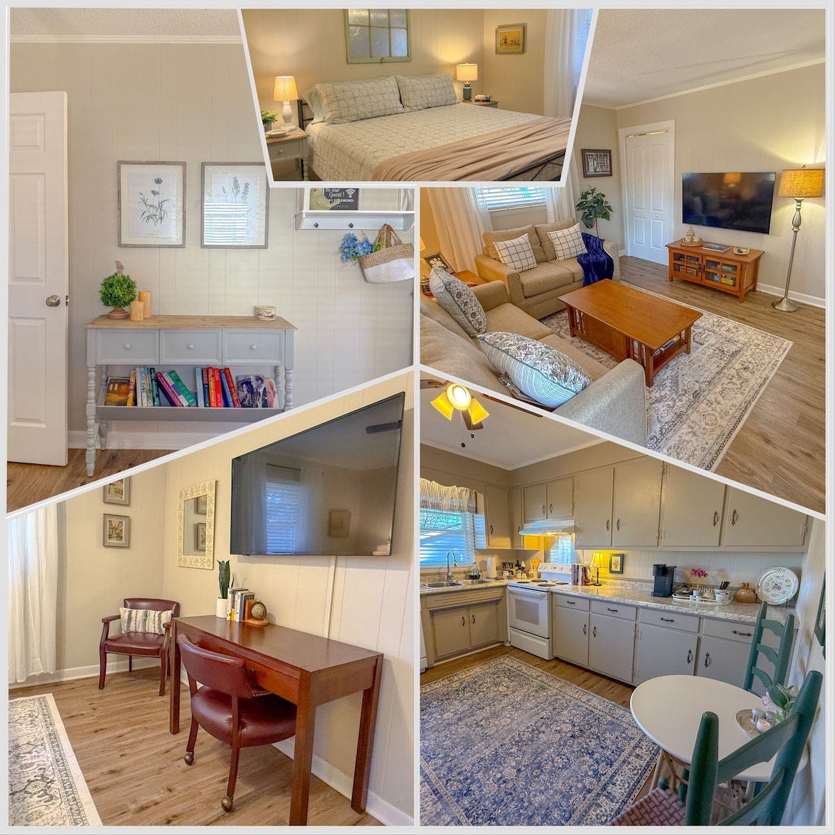 A warm and inviting living space features a cozy bed, a comfortable couch, and a dining area. A work desk is positioned near a window, while a well-equipped kitchen offers modern appliances. Natural light fills the room, enhancing its bright and spacious atmosphere.