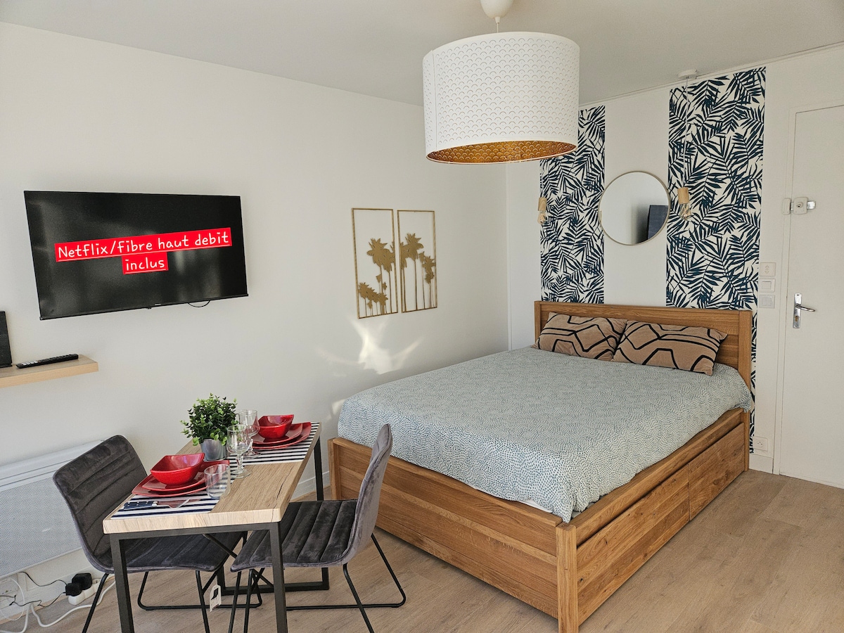 A well-organized studio space is showcased with a spacious bed featuring a patterned duvet. A dining area with a small table and four chairs is presented. A television is mounted on the wall, displaying streaming service details, while a round mirror adds depth to the room.