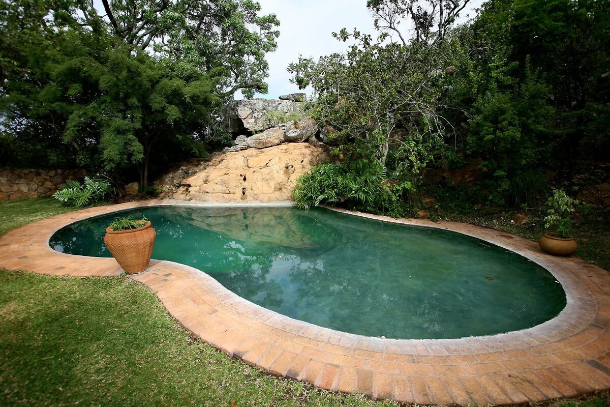 A tranquil swimming pool is surrounded by lush greenery and natural stone features. The pool has a gentle, oval shape, and is complemented by potted plants placed strategically around the perimeter, providing a serene outdoor retreat.