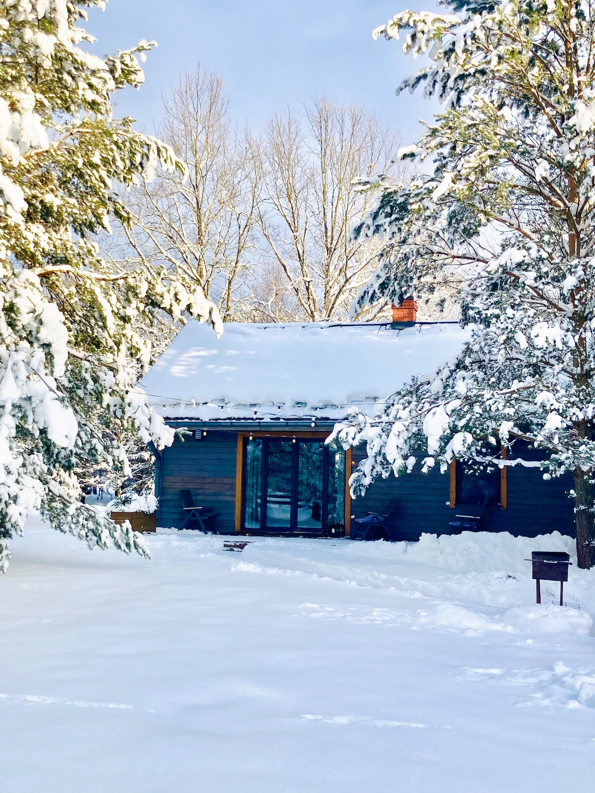 A newly constructed guest house is nestled within a snow-covered landscape, framed by tall trees. The roof is blanketed in white snow, and large glass doors provide a glimpse of the warm interior. A serene winter scene is created by the untouched snow surrounding the home.
