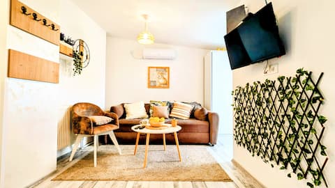 2 Apts: 150m (2min) from center, free parking.