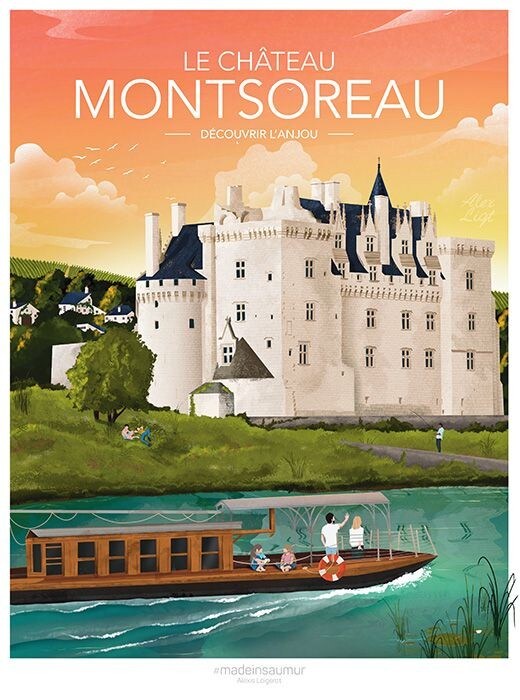 A colorful illustration of Château de Montsoreau is presented, surrounded by lush greenery and the Loire River. A boat can be seen on the water, with people enjoying their time. The chateau features distinct architectural elements, including turrets and a grand facade.