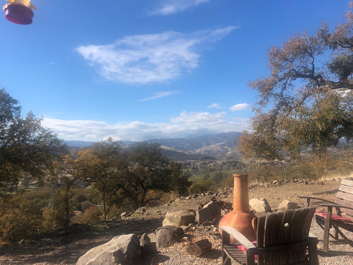 The view forever of the Mayacamas Mountains, the range that separates Lake County from Napa Valley and Sonoma County, beyond this is the Ocean and Sea Ranch. at Panoramic View Camp
