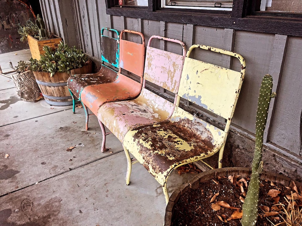 The chippy farmhouse aesthetic is not contrived here, it is by necessity as the county is so isolated, nothing much to buy, no furniture stores, few big box stores... so we use wha