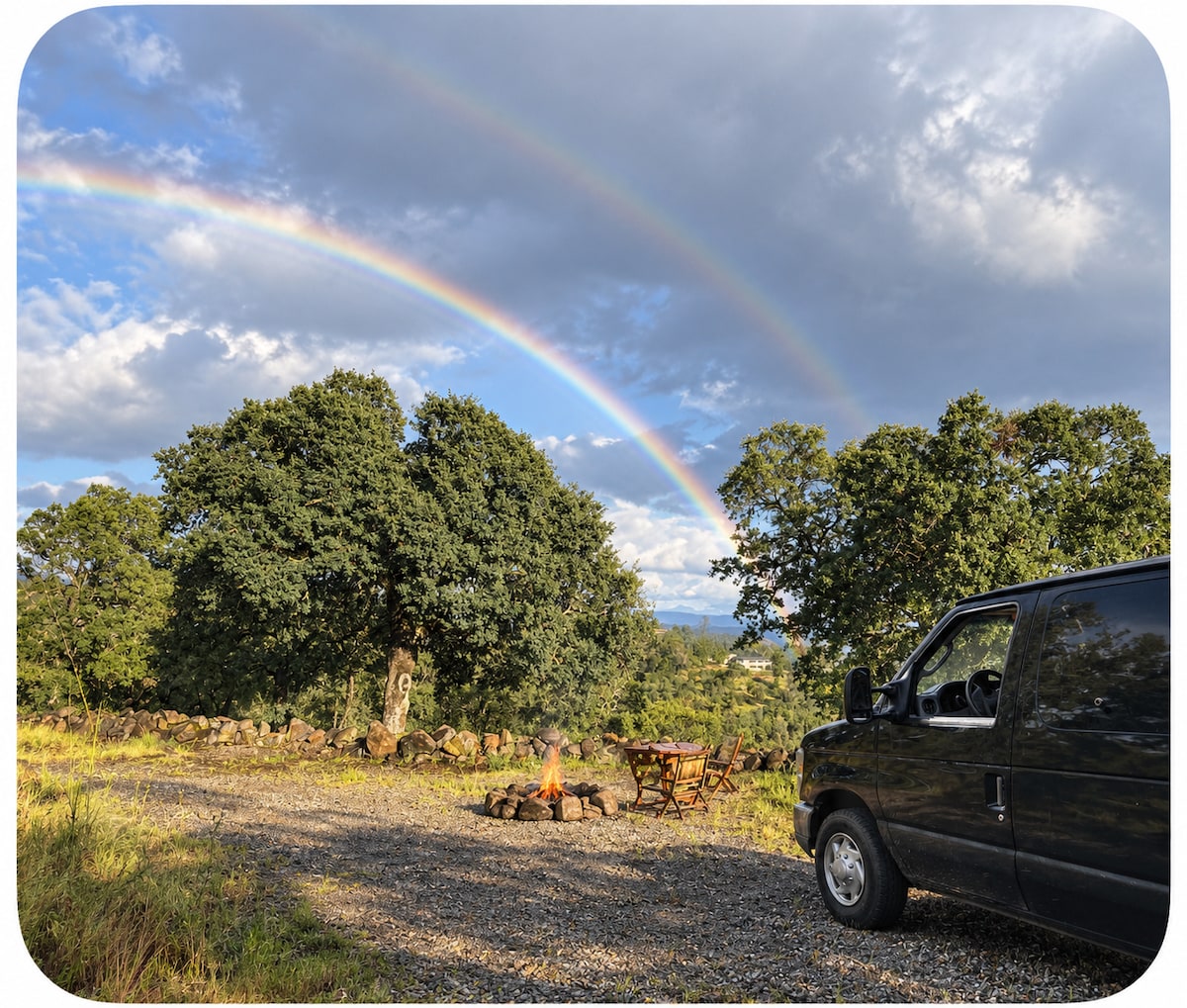 Winter rain brings rainbows We have 300 days of sunshine all year and 4 distinct seasons. The campsite will look different every single day. Don’t expect it to look exactly like an