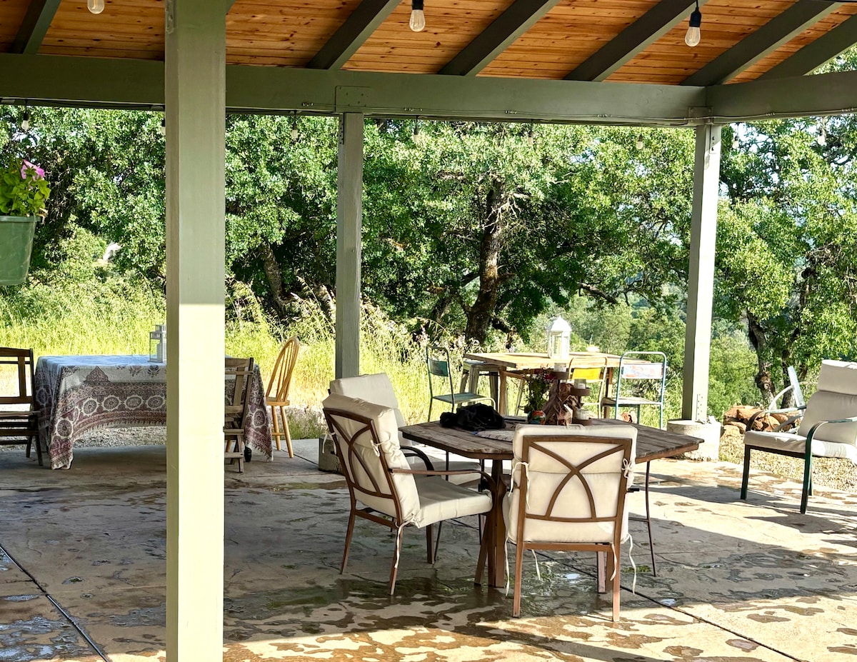 The beautiful shade porch protected from rain and sun, has misters and fan in summer and a patio heater and Edison lights in winter. We have a full outdoor kitchen for Airbnb guest