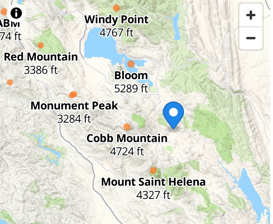 These are the mountain peaks of the Mayacamas mountains visible from our mountain top property at Panoramic View Campsite – bring your own tent or small camper in Hidden Valley Lak