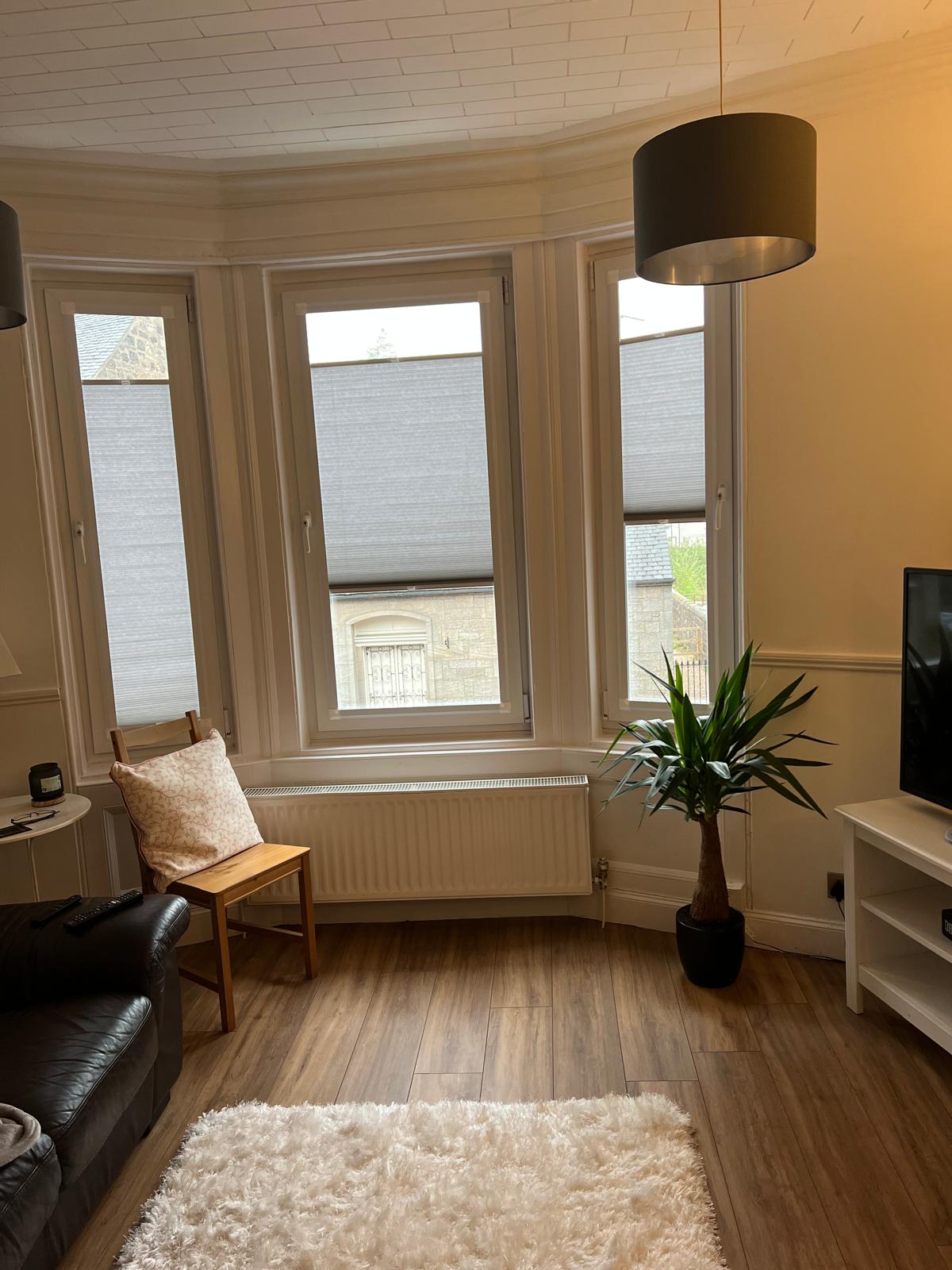A cozy living area features a dark leather sofa opposite a television. Natural light filters through bay windows, equipped with light grey shades. A small wooden chair sits beside the sofa, accompanied by a decorative pillow. A potted plant adds a touch of greenery to the space.