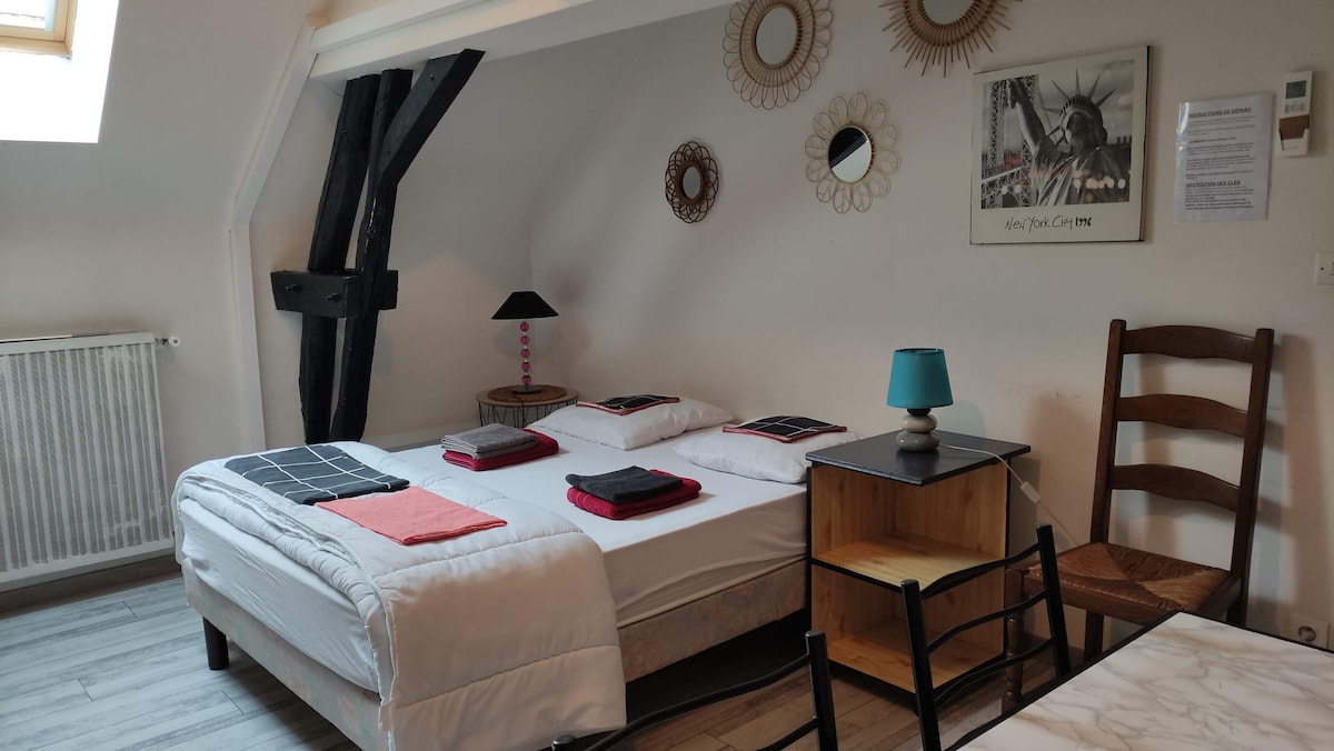 配备空调和暖气、床单、床上用品、毛巾、沐浴露：
小厨房 + 餐桌 + 椅子 
扶手椅+电视 
非常好的光纤无线网络+书桌
1张床140 x 190 + 2张床90 x 190儿童/青少年
步道梳妆台
独立浴室和卫生间